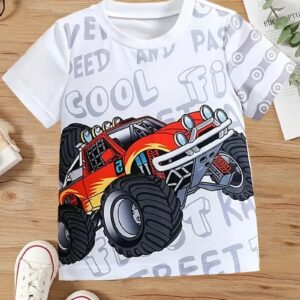 Boys Off-road Vehicle Graphic Short Sleeves Round Neck T-shirt-white