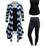Casual Three-piece Set, Color Block Open Front Cardigan & Cami Top & Slim Pants Outfits, Women's Clothing_Black1