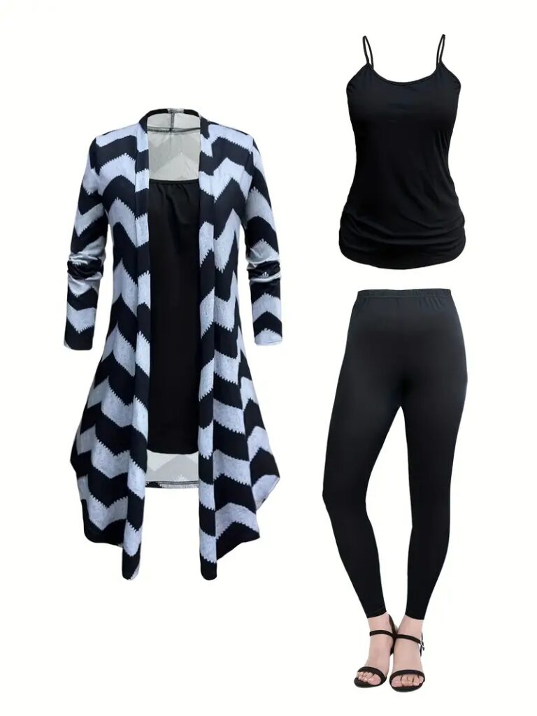 Casual Three-piece Set, Color Block Open Front Cardigan & Cami Top & Slim Pants Outfits, Women's Clothing_Black1