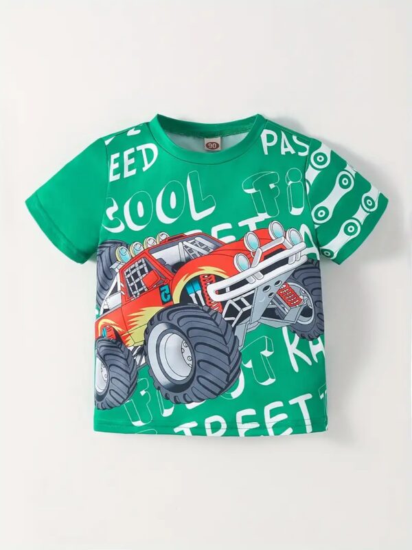 Off-road Vehicle And Letter Pattern T-shirt-Green