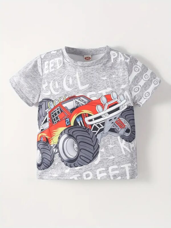 Off-road Vehicle And Letter Pattern T-shirt-Grey