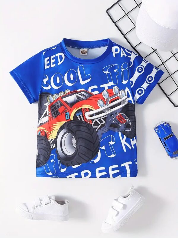 Off-road Vehicle And Letter Pattern T-shirt-blue