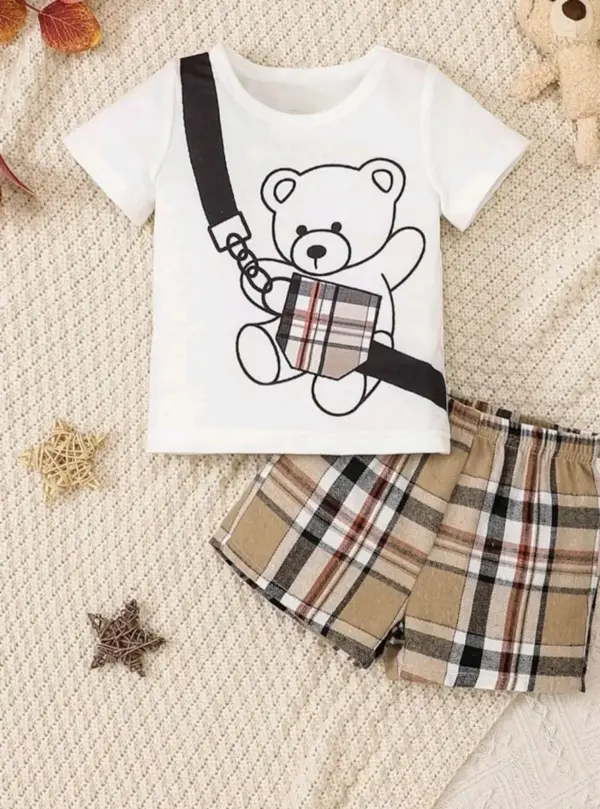 Bear Print Tshirt & Plaid Shorts